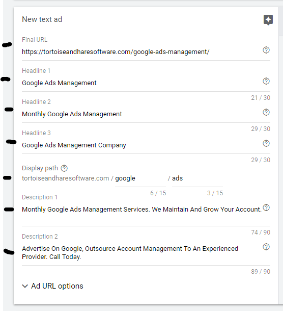 google ads case study fully filled out expanded text ad