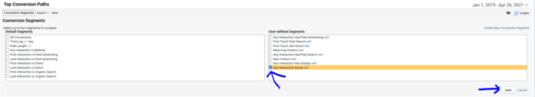 applying the social media conversion segment in top conversion paths