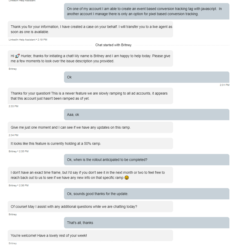 new rollout of JavaScript event based conversion tracking for LinkedIn ad campaigns