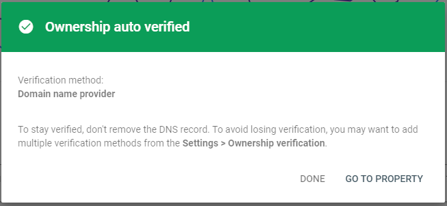domain verification confirmation message with google search console