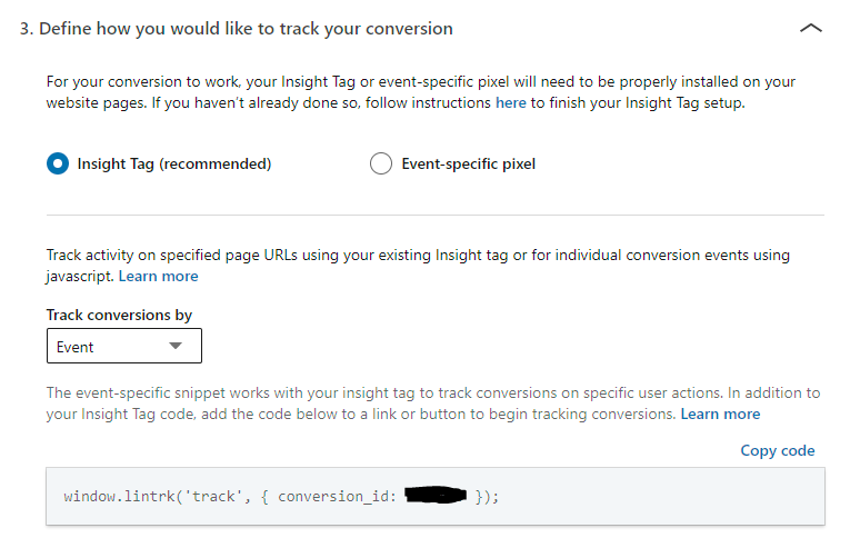 sample LinkedIn conversion snippet