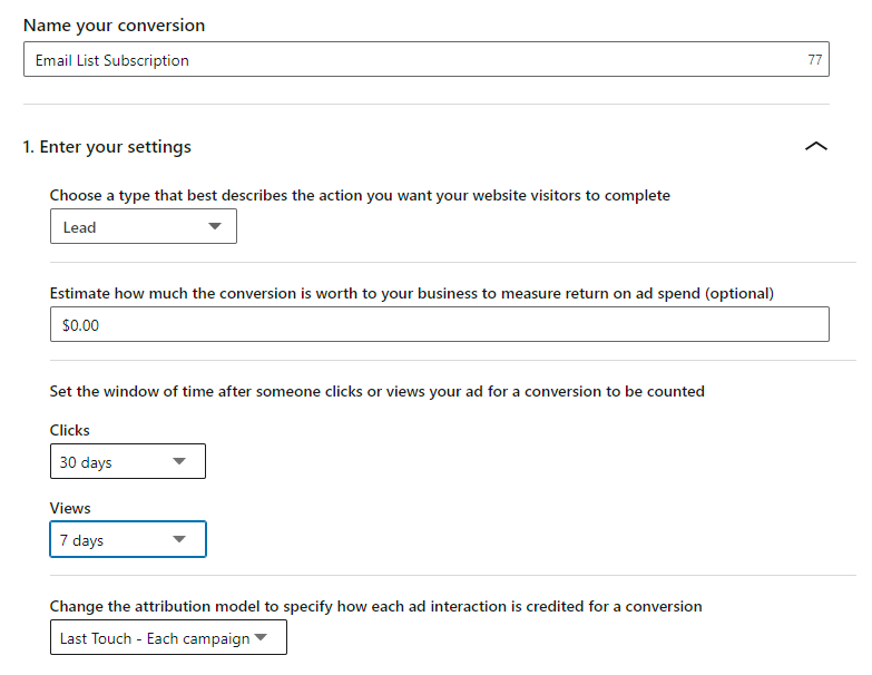 sample LinkedIn conversion configured through the UI