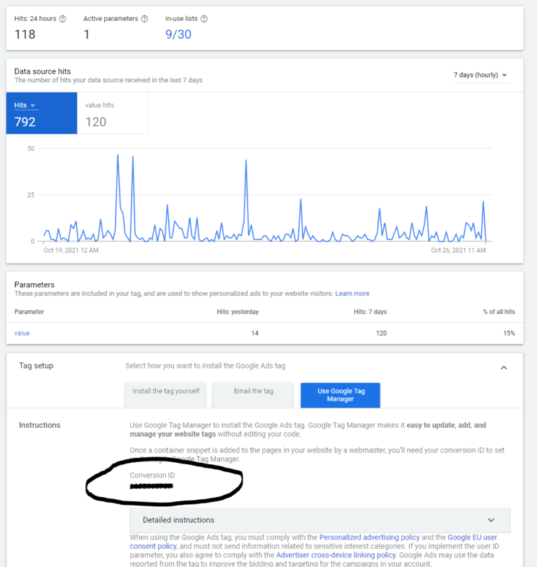 installing google ads remarketing tag via conversion id
