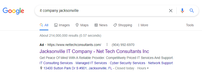 google ad for a local information technology company