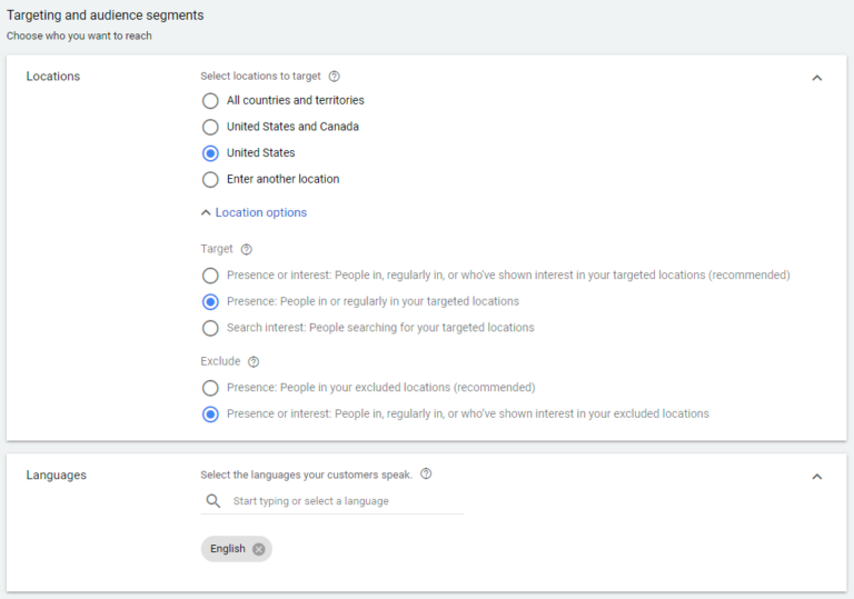 best location settings paid search campaign on google ads