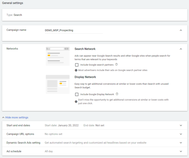 general settings for an msp prospecting campaign on google ads