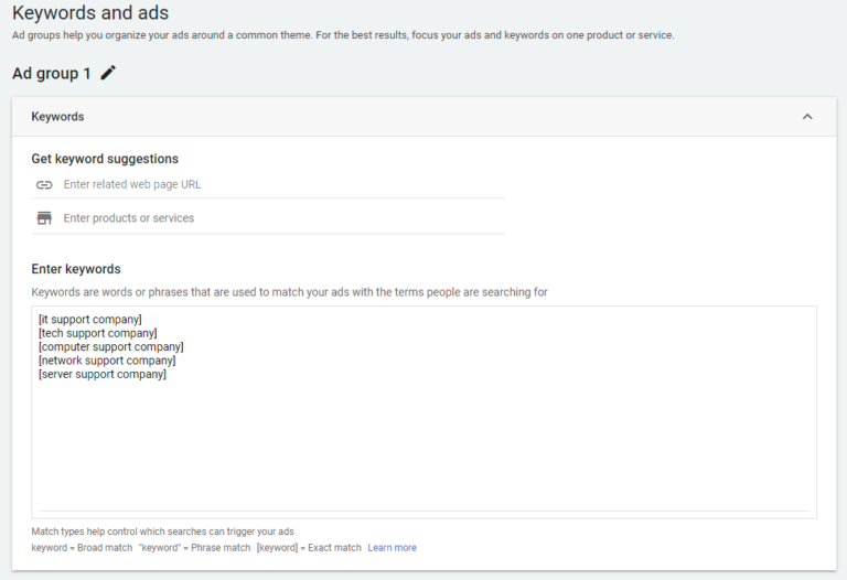 it company keywords in a paid search campaign