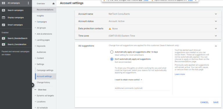 disable auto applied ad suggestions