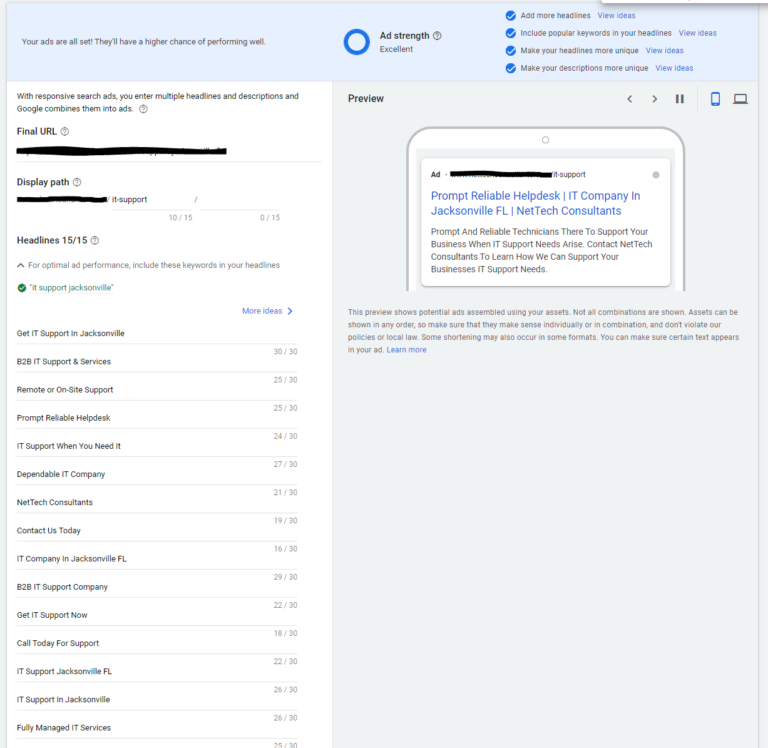 responsive search ad headlines for an IT company