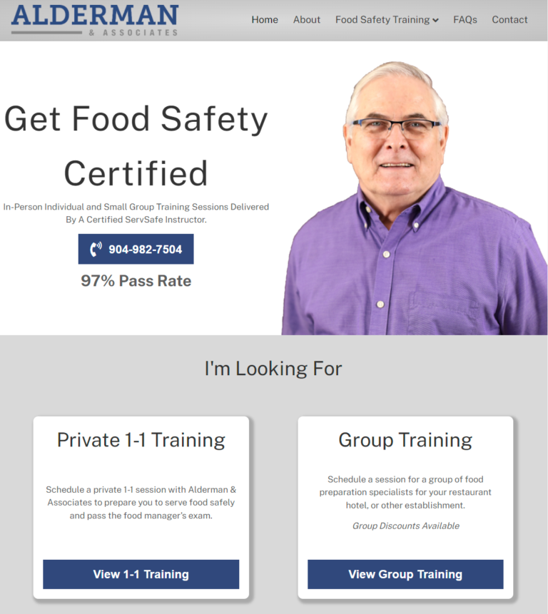 home page of food safety training website