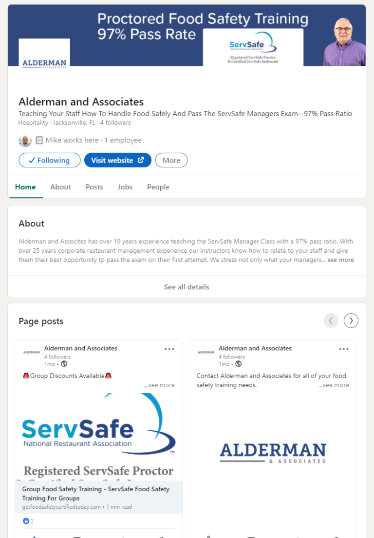 company page of food safety trainers linkedin page