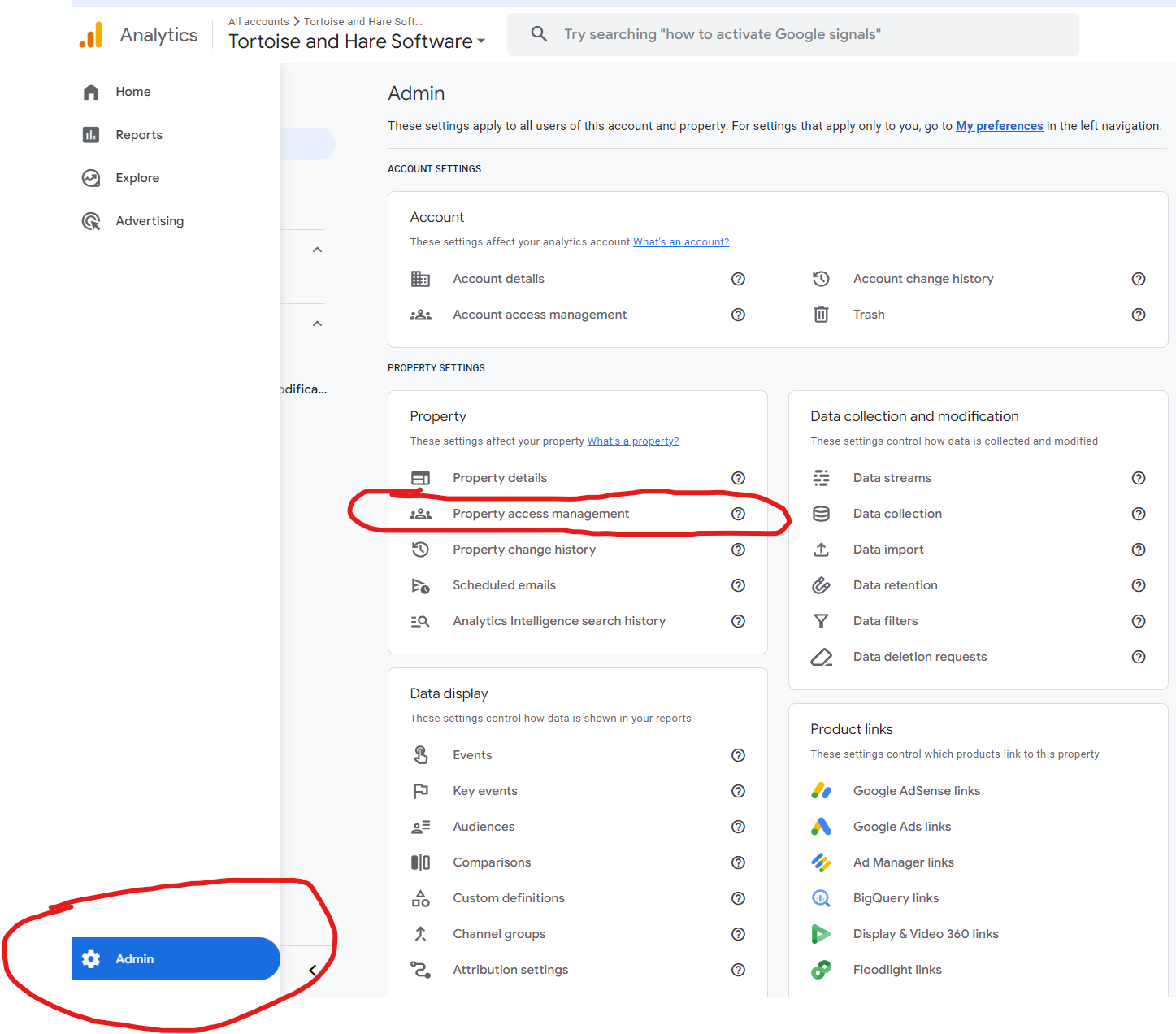 getting to the admin area in ga4