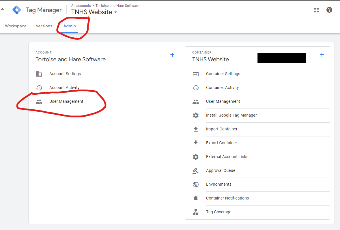 admin tab of the google tag manager container