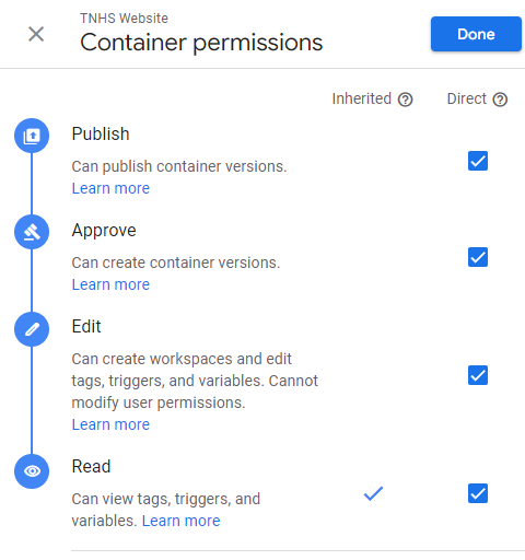 user container permissions screen of google tag manager container
