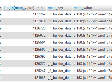 sql query results for identifying large columns in the WordPress post_meta table 
