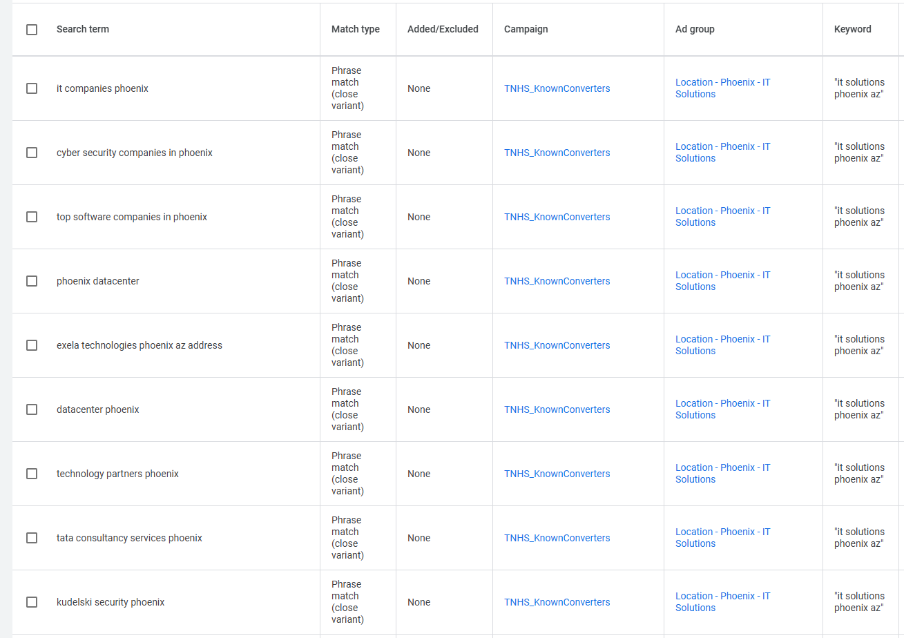 phrase match keyword search terms report
