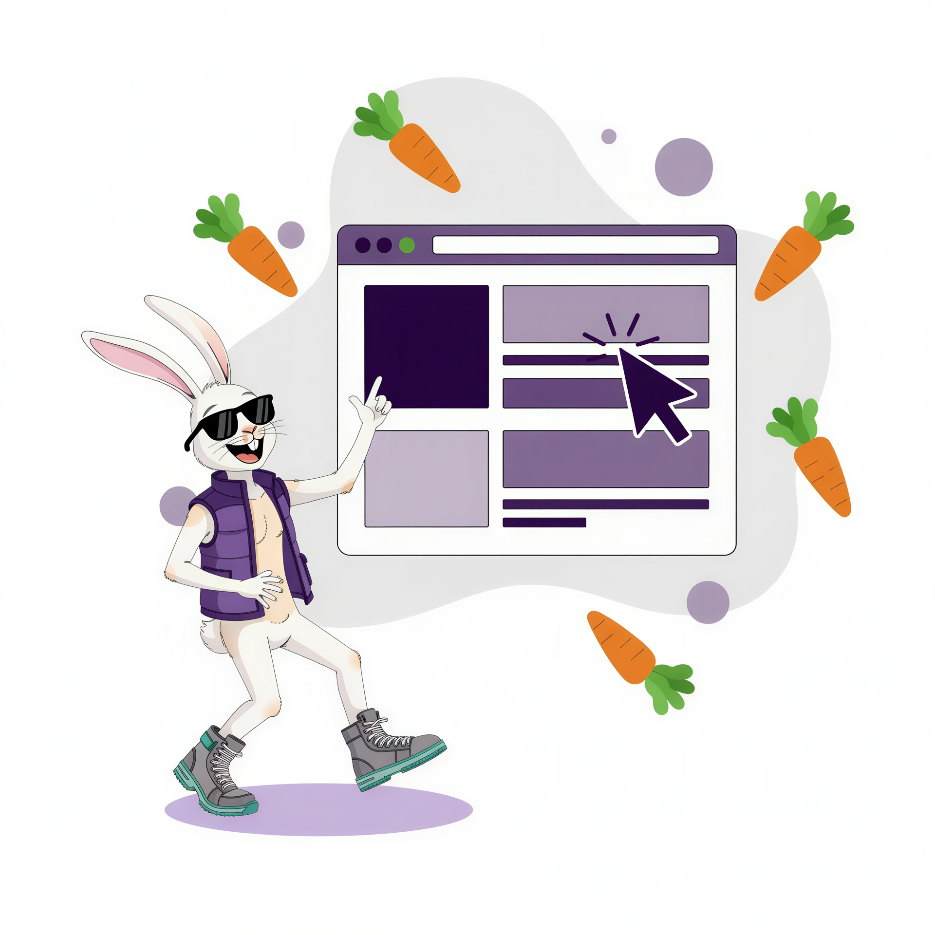 brand character in bottom left, looking up at a pay per click ad being clicked