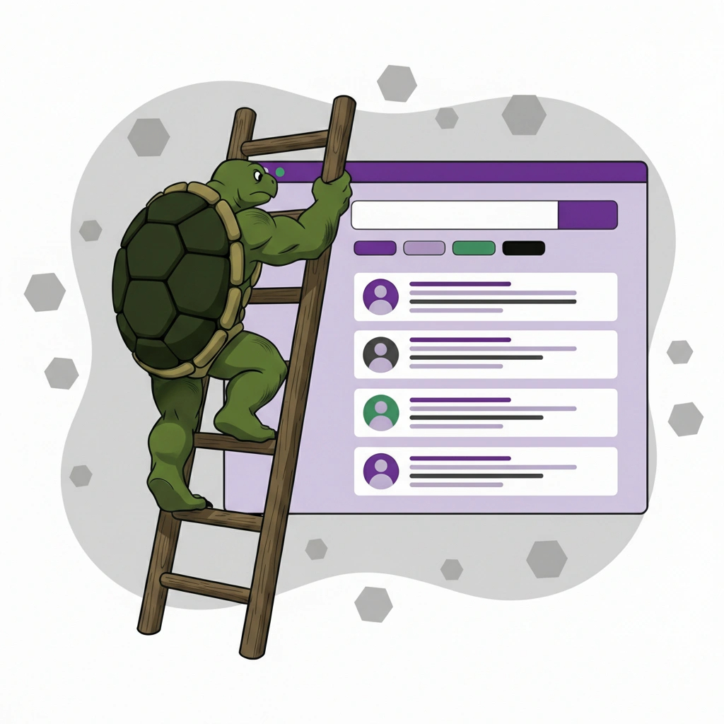 branded character illustration of a tortoise overlain on a SERP, showing the concept of climbing the ranks on search engines.