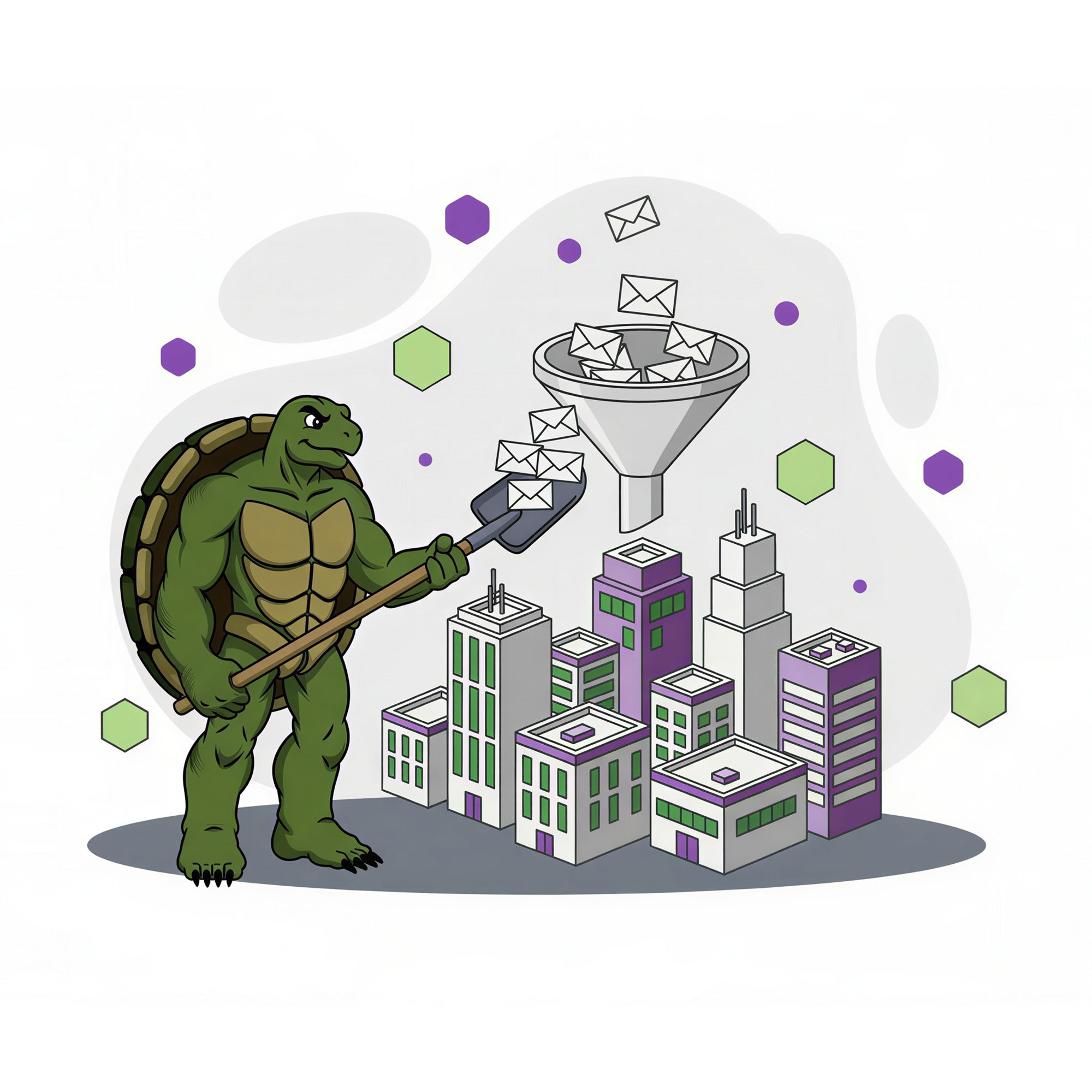 agency brand character sending more inbound leads to a technology company via local seo. Illustrated by brand character shoveling email icons into a funnel over a cityscape