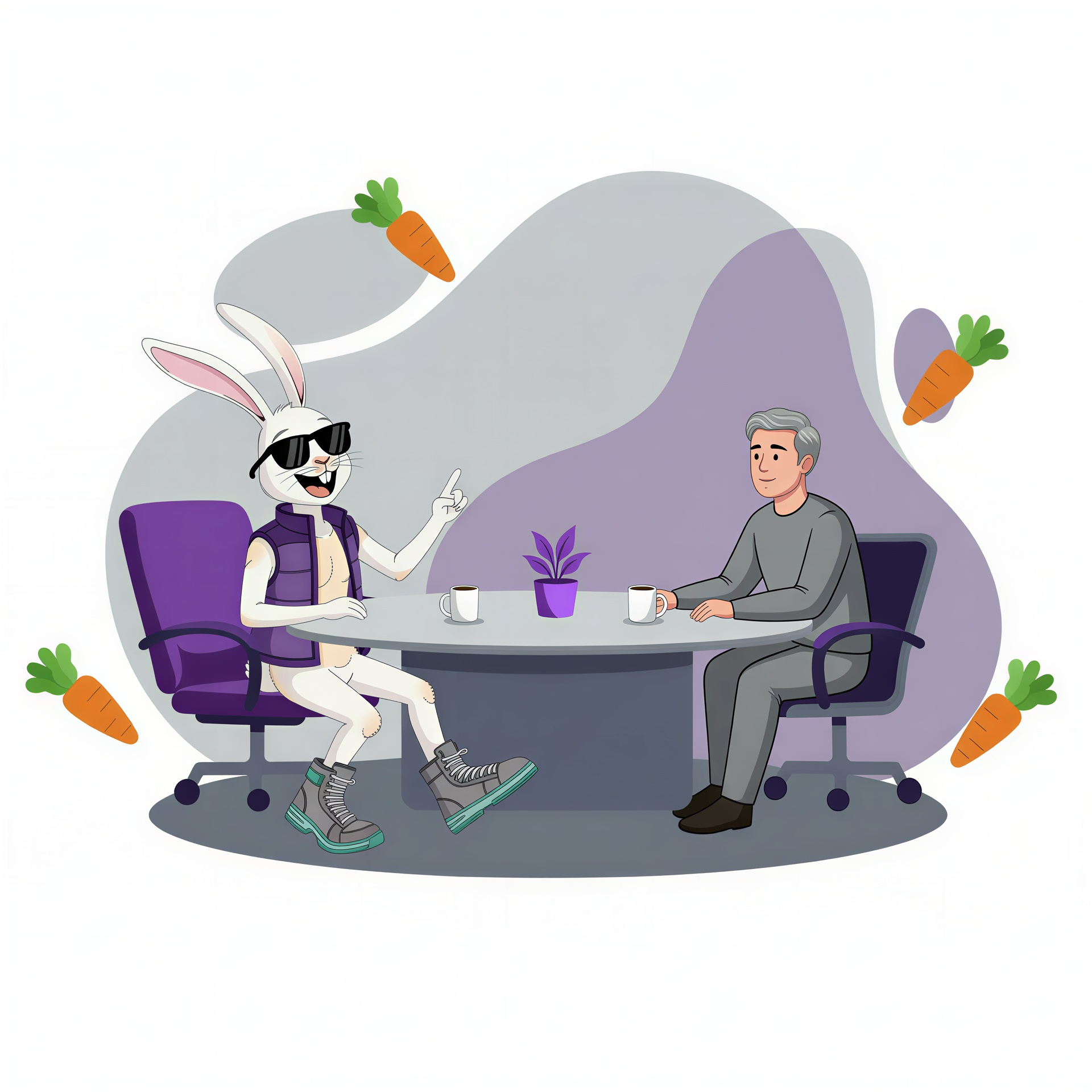 brand character sitting at a table talking with a client about running ppc campaigns