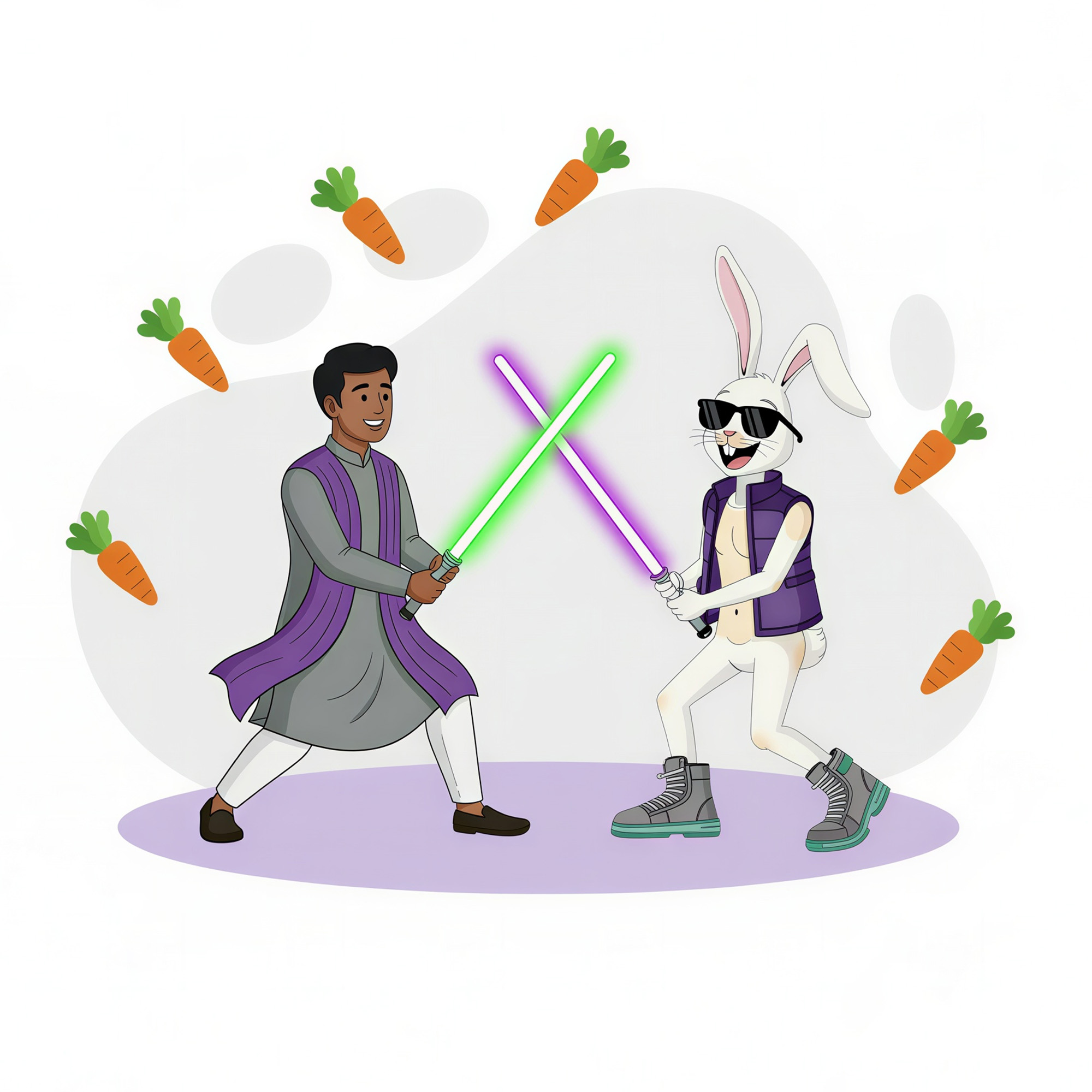 technical employee in a nerdy sword battle, illustrating reddit culture